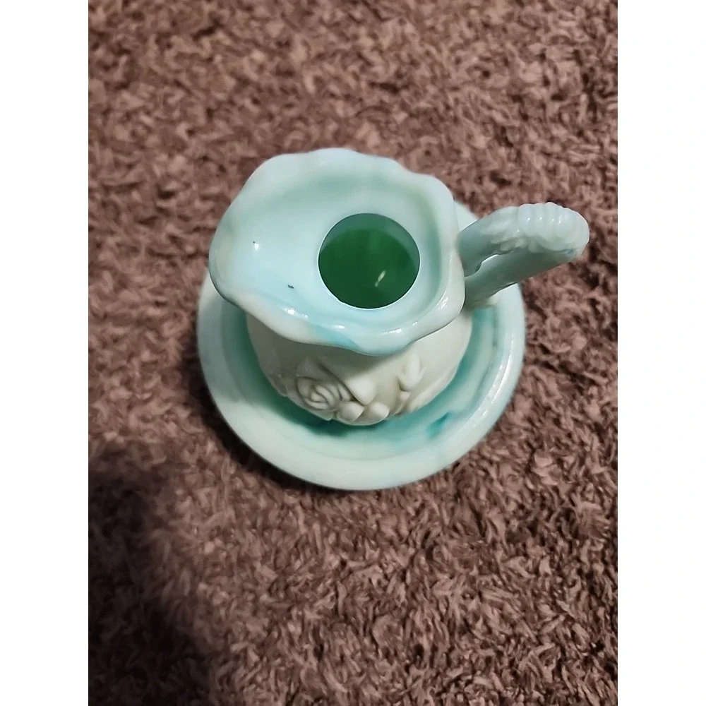 Vintage Avon Green Swirl Milk‎ Glass Rose Mini Bowl and Pitcher Set. No Topper.
